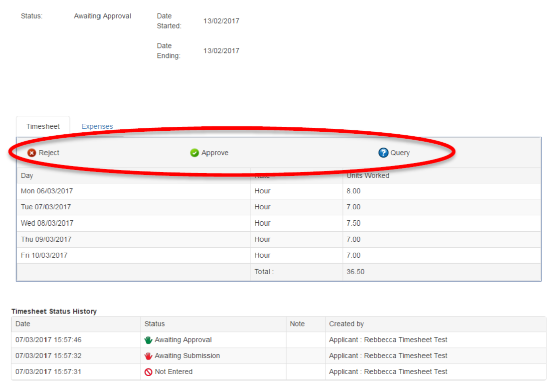 client timesheet reject or approve